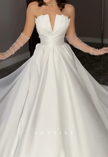 A-Line Sleek Pleated Satin Sleeveless Simple Wedding Dress