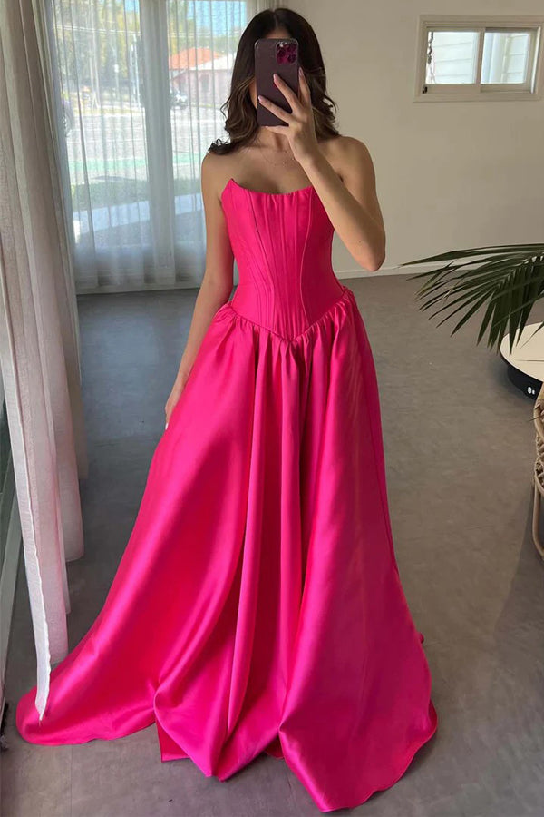 A-Line Strapless Crew Neck Corset Satin Hot Pink Prom Dress