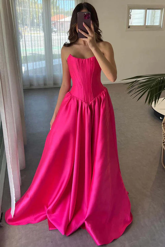 A-Line Strapless Crew Neck Corset Satin Hot Pink Prom Dress
