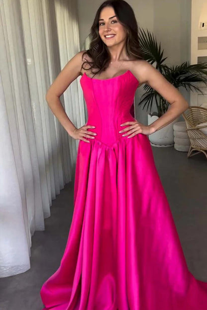 A-Line Strapless Crew Neck Corset Satin Hot Pink Prom Dress