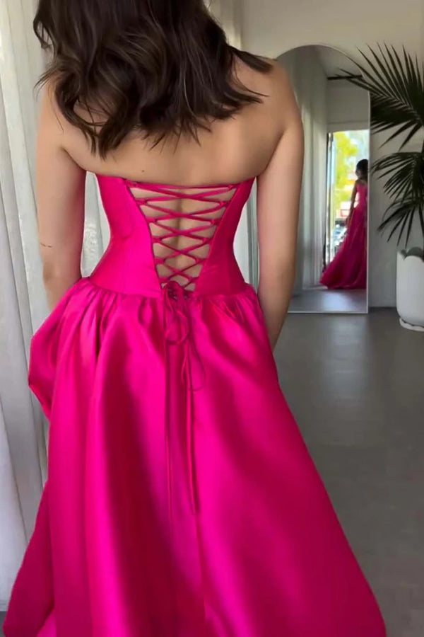 A-Line Strapless Crew Neck Corset Satin Hot Pink Prom Dress