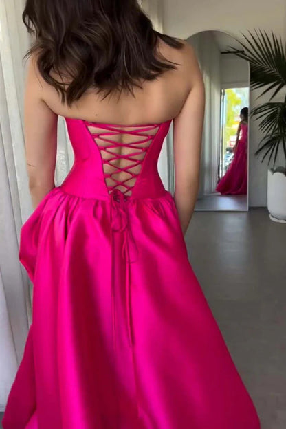 A-Line Strapless Crew Neck Corset Satin Hot Pink Prom Dress