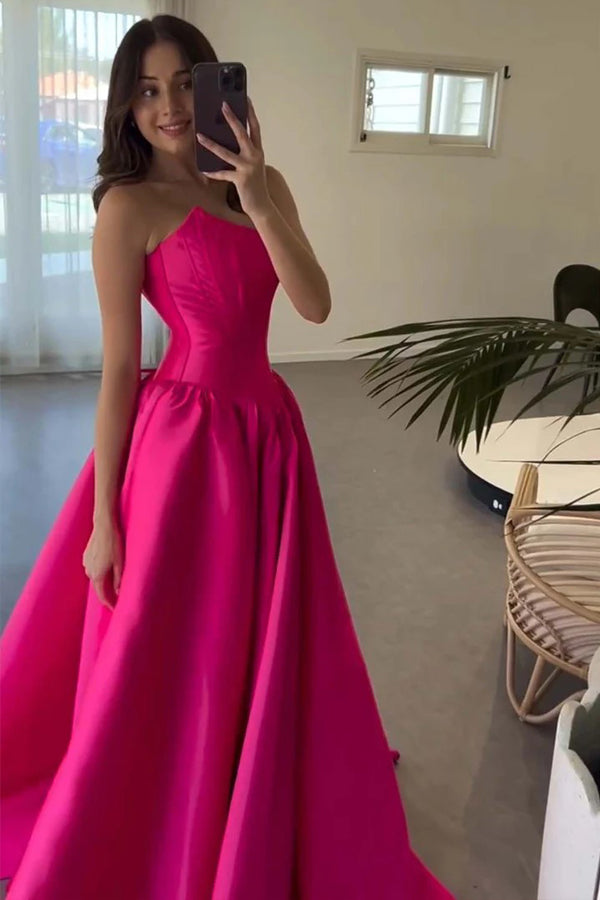 A-Line Strapless Crew Neck Corset Satin Hot Pink Prom Dress