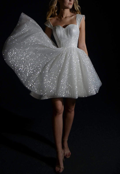 A-Line Strapless Straps Sleeveless Fully Sparkly Mini Wedding Dress