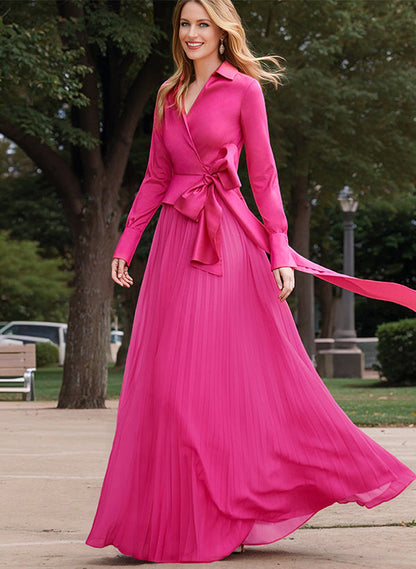 A-Line/Princess V-Neck Floor-Length Long Sleeves Satin Chiffon Two Piece Mother of the Bride Dresses With Bowknot