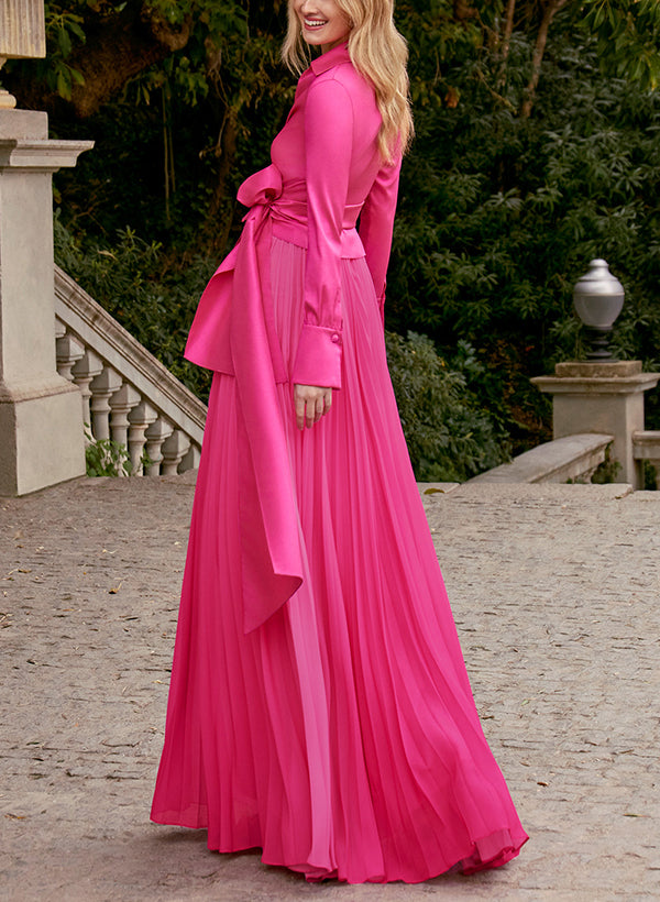 A-Line/Princess V-Neck Floor-Length Long Sleeves Satin Chiffon Two Piece Mother of the Bride Dresses With Bowknot