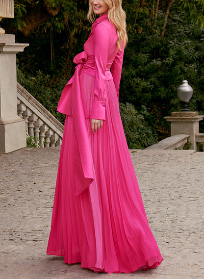 A-Line/Princess V-Neck Floor-Length Long Sleeves Satin Chiffon Two Piece Mother of the Bride Dresses With Bowknot