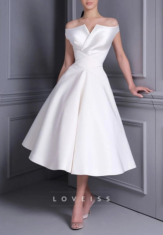 A-Line_Princess Off-Shoulder Sleeveless Tea Length luxurious Wedding Dress With Ruffle