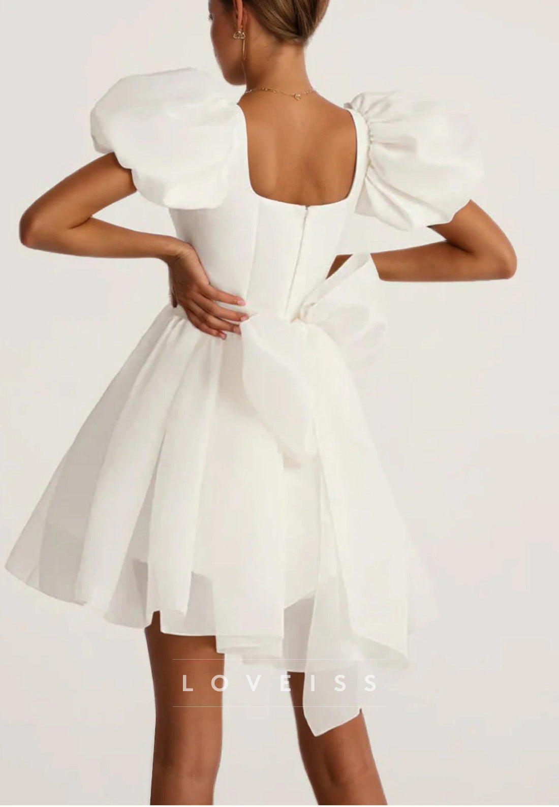 A-Line Princess Puff Sleeves Square Mini Wedding Dress