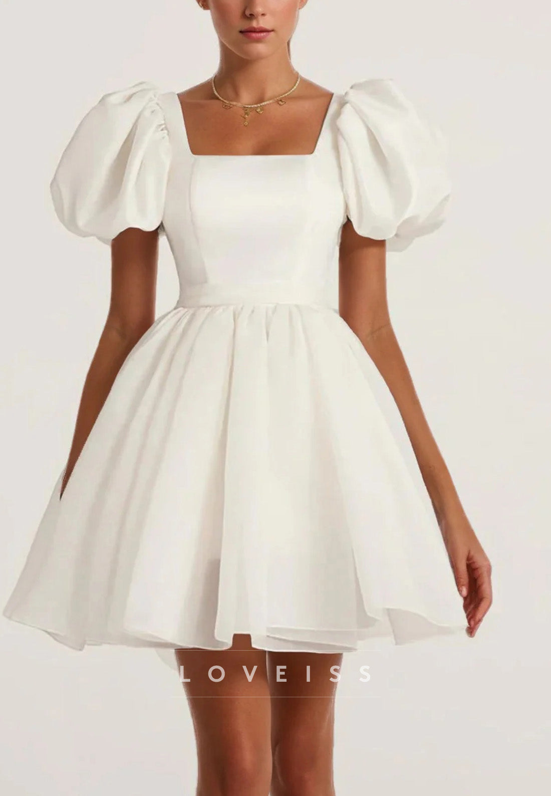 A-Line Princess Puff Sleeves Square Mini Wedding Dress