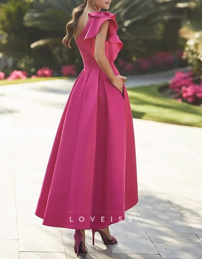 A-line Asymmetric Sleeveless One Shoulder Ruffle Midi Dress