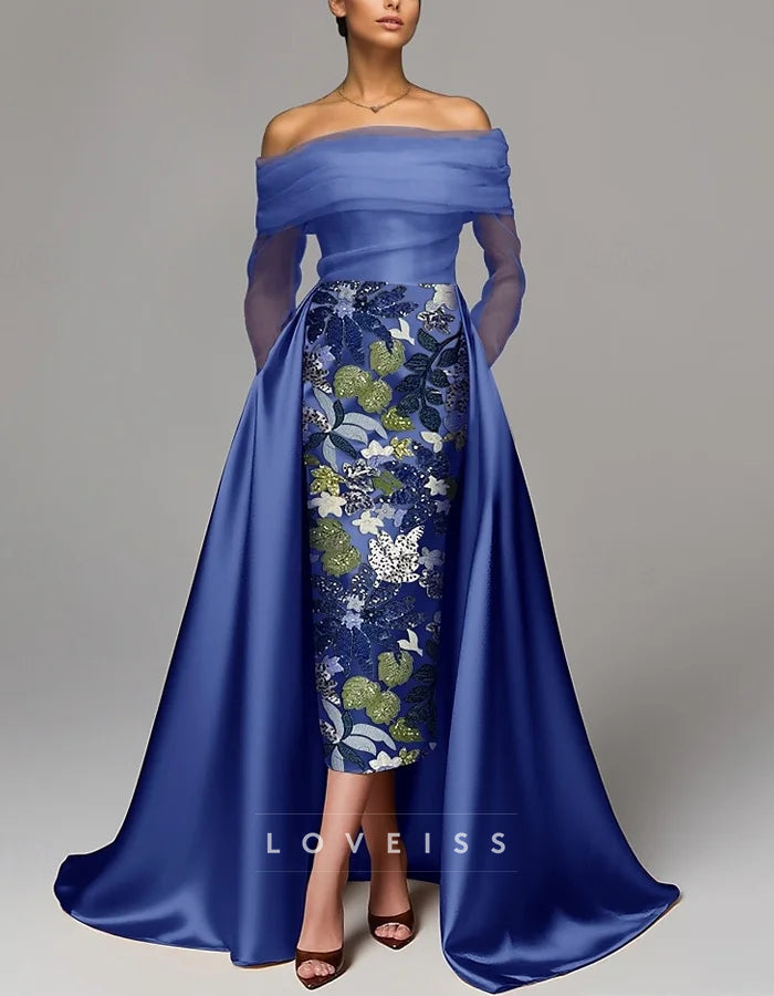 A-line Long Sleeve Off The Shoulder Satin Slit Embroidered Sequins Maxi Dress