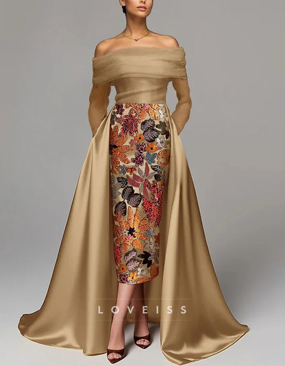A-line Long Sleeve Off The Shoulder Satin Slit Embroidered Sequins Maxi Dress