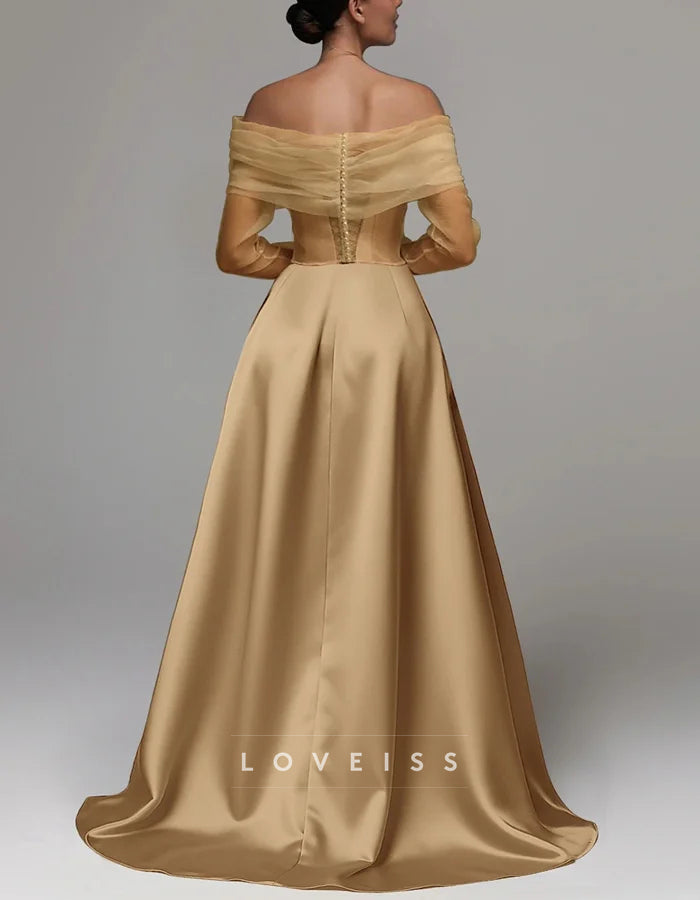 A-line Long Sleeve Off The Shoulder Satin Slit Embroidered Sequins Maxi Dress