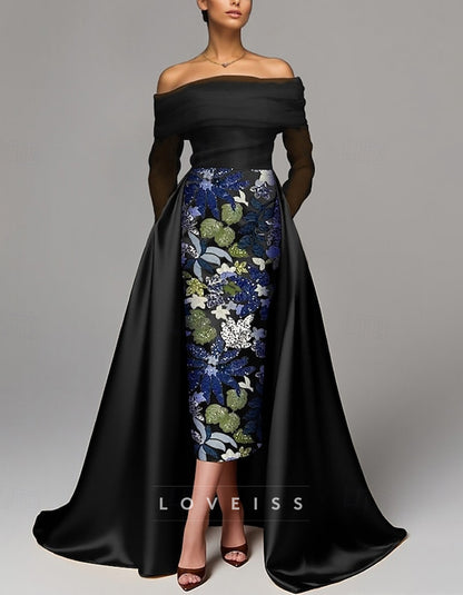 A-line Long Sleeve Off The Shoulder Satin Slit Embroidered Sequins Maxi Dress