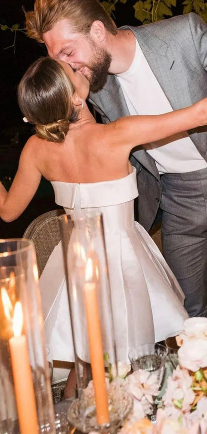 Elegant Strapless Pleat Short Wedding Dress For Women Simple Backless A Line Above Knee Mini Bridal Gown