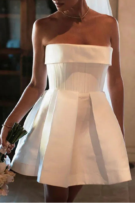 Elegant Strapless Pleat Short Wedding Dress For Women Simple Backless A Line Above Knee Mini Bridal Gown