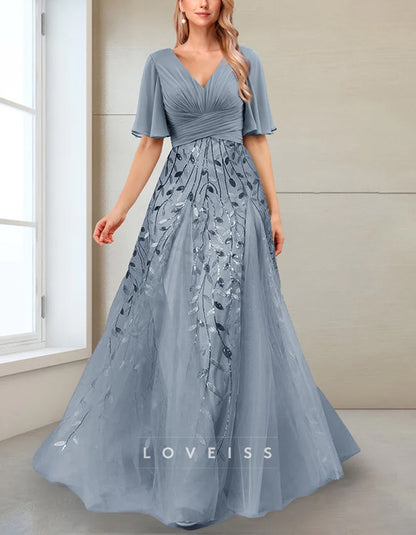 A-line V-neck Half-sleeve Side-slit Mother Of The Bride Maxi Dress