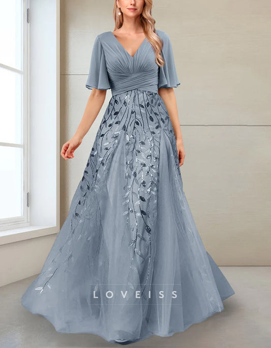 A-line V-neck Half-sleeve Side-slit Mother Of The Bride Maxi Dress