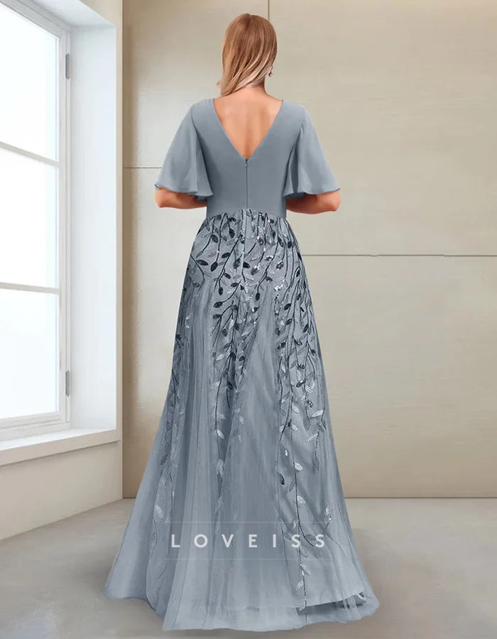 A-line V-neck Half-sleeve Side-slit Mother Of The Bride Maxi Dress