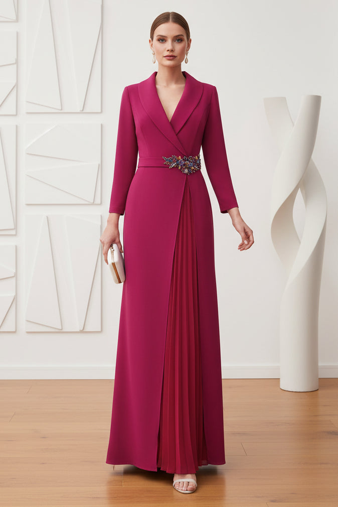 Tuxedo Collar and Jewel Belt Sheath Mother of Bride Dress