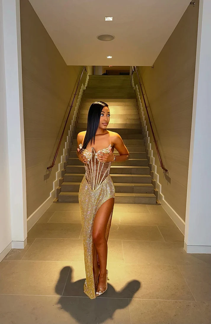 Sexy Long Black Girl Prom Dress Mermaid Sweetheart Gold Sequins Evening Gown