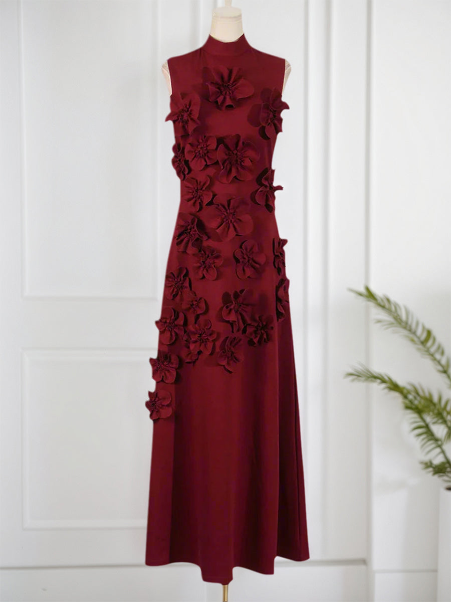 A Line High Neck Sleeveless Floor Length Stretch Crepe Dress With 3D Flowers