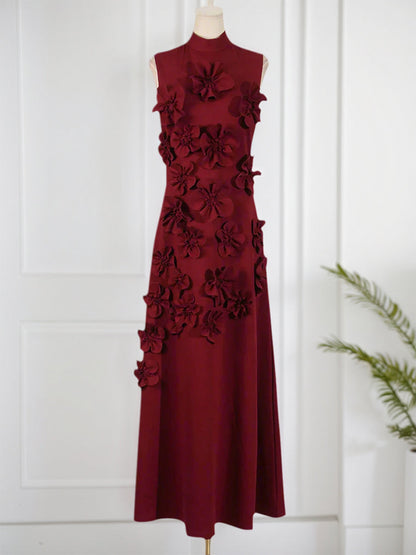 A Line High Neck Sleeveless Floor Length Stretch Crepe Dress With 3D Flowers