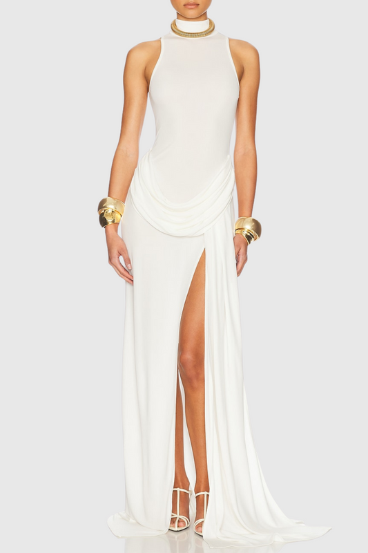 Amaya Draped Sleeveless Split Maxi Dress - White