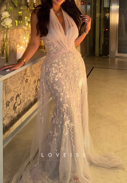 Appliques Halter V-Neck Mermaid Evening Dress