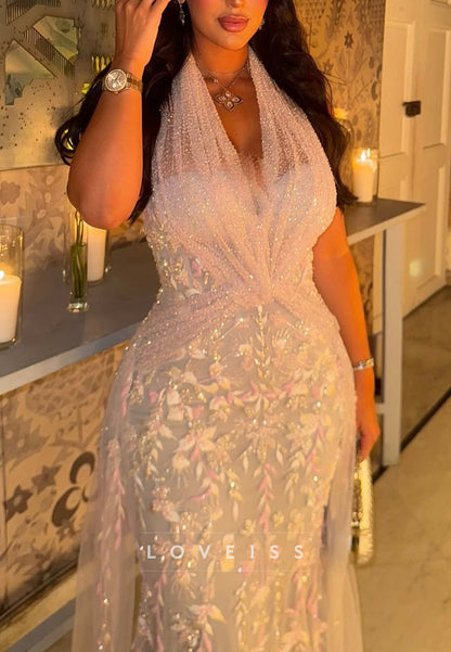 Appliques Halter V-Neck Mermaid Evening Dress