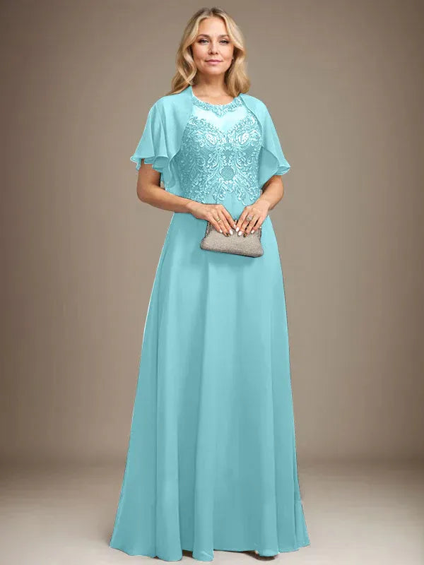 A-line Scoop Illusion Floor-Length Lace Chiffon Mother of the Bride Dress With Sequins
