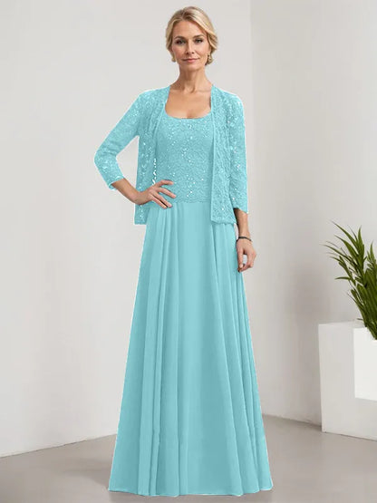 A-line Square Floor-Length Lace Chiffon Mother of the Bride Dress With Sequins