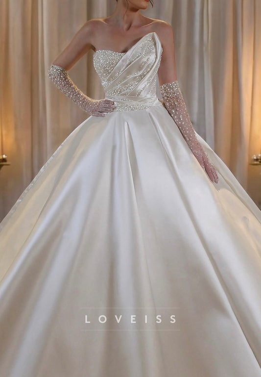 Asymmetrical Beaded Pleated Sleeveless Sleek A-Line Wedding Dress