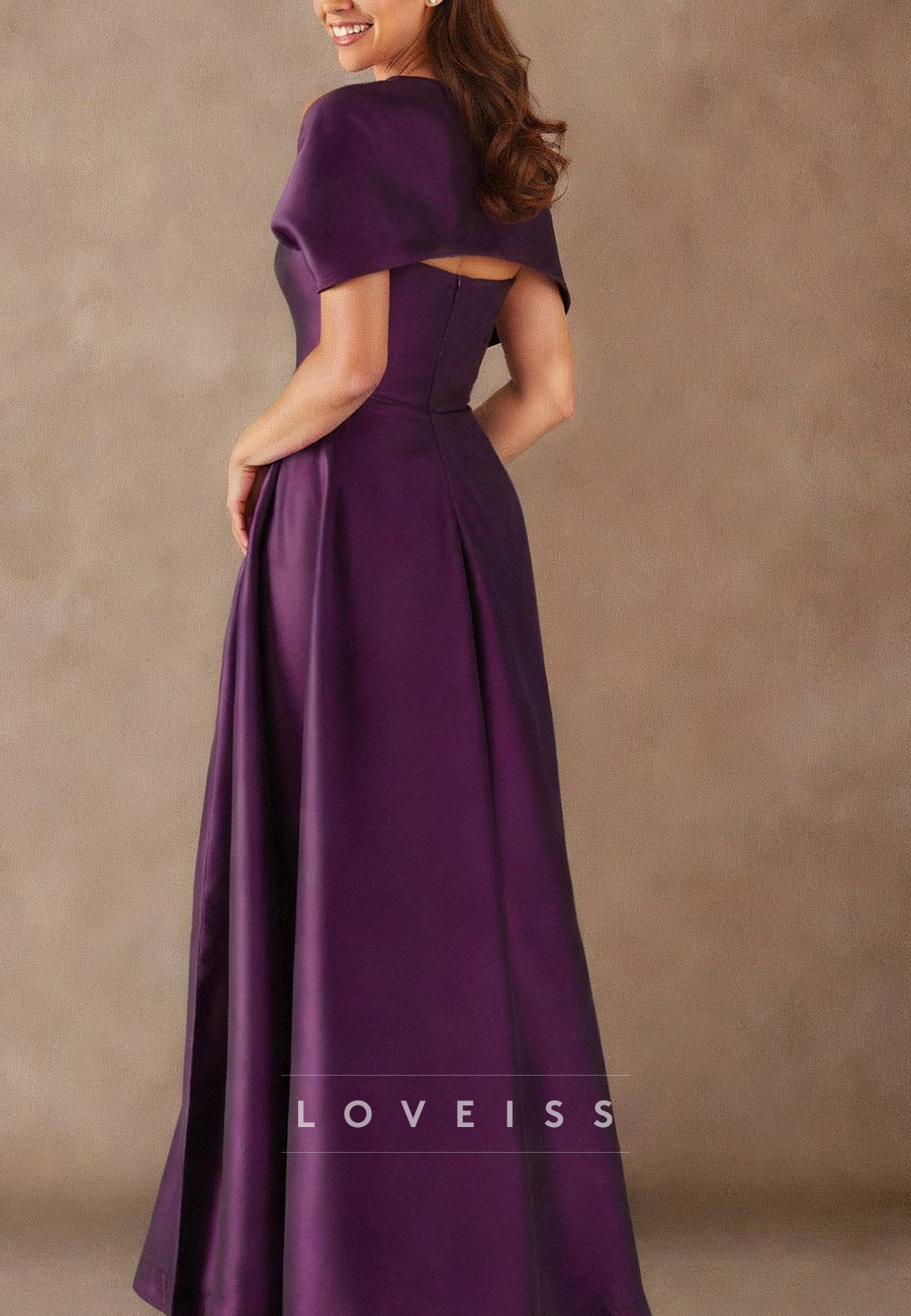 Asymmetrical Cap Sleeves Pleated Satin A-Line Mother of Bride Dress