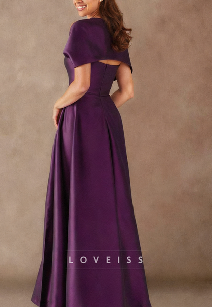 Asymmetrical Cap Sleeves Pleated Satin A-Line Mother of Bride Dress