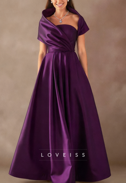 Asymmetrical Cap Sleeves Pleated Satin A-Line Mother of Bride Dress