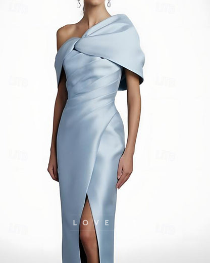 Asymmetrical Cap Sleeves Satin Sheath Evening Dress
