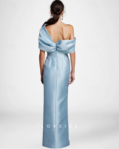 Asymmetrical Cap Sleeves Satin Sheath Evening Dress