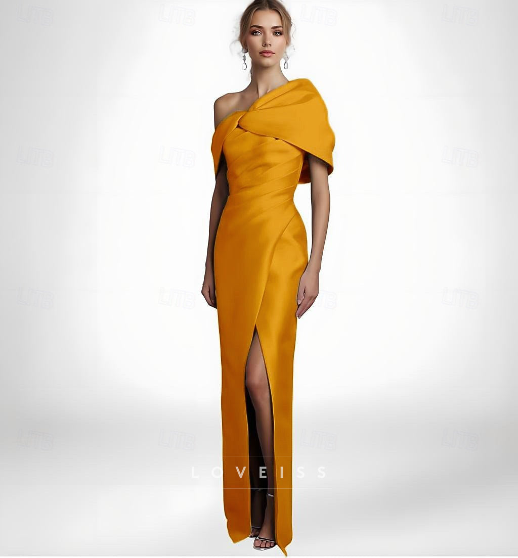 Asymmetrical Cap Sleeves Satin Sheath Evening Dress