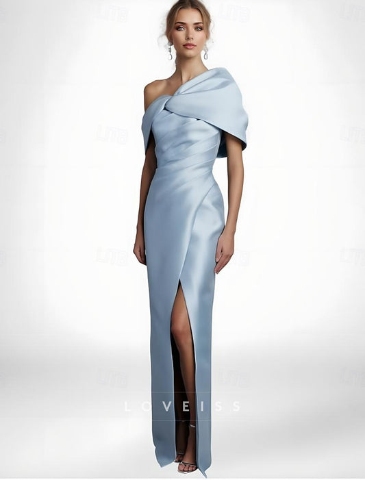 Asymmetrical Cap Sleeves Satin Sheath Evening Dress