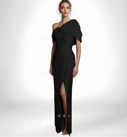 Asymmetrical Cap Sleeves Satin Sheath Evening Dress