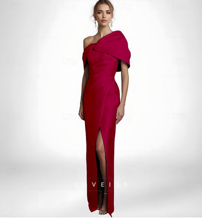 Asymmetrical Cap Sleeves Satin Sheath Evening Dress