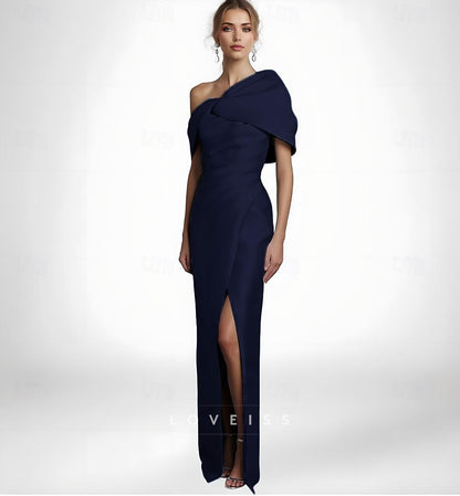 Asymmetrical Cap Sleeves Satin Sheath Evening Dress