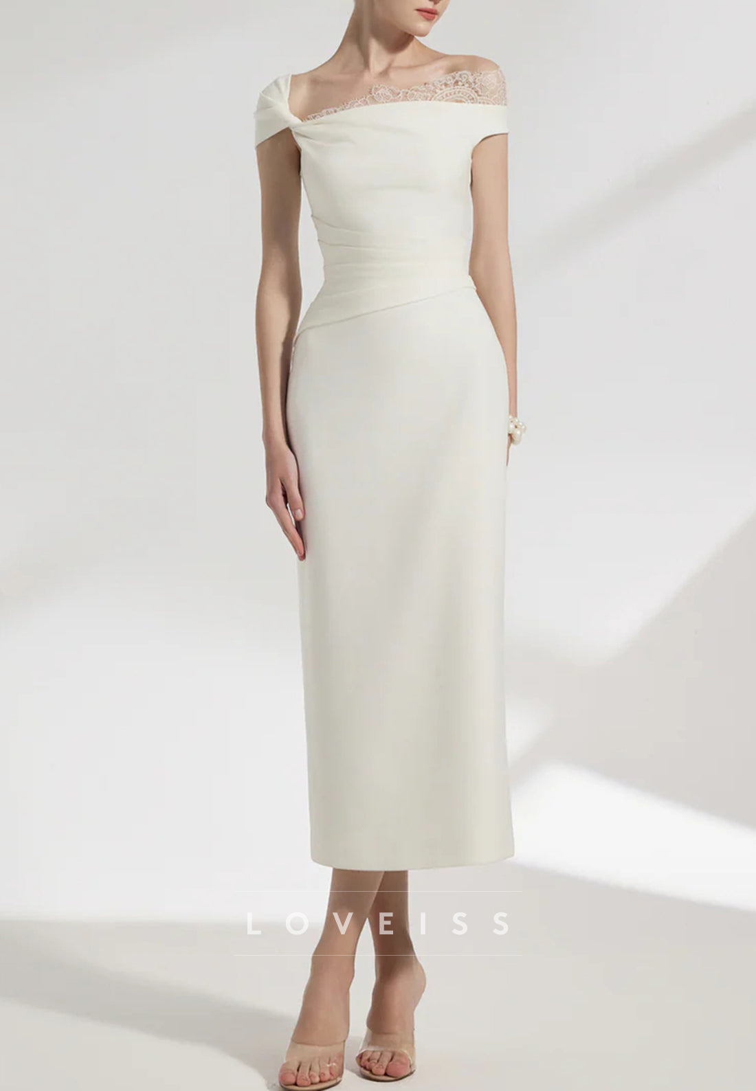 Asymmetrical Cap Sleeves Sheath Midi Wedding Dress