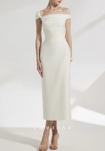 Asymmetrical Cap Sleeves Sheath Midi Wedding Dress