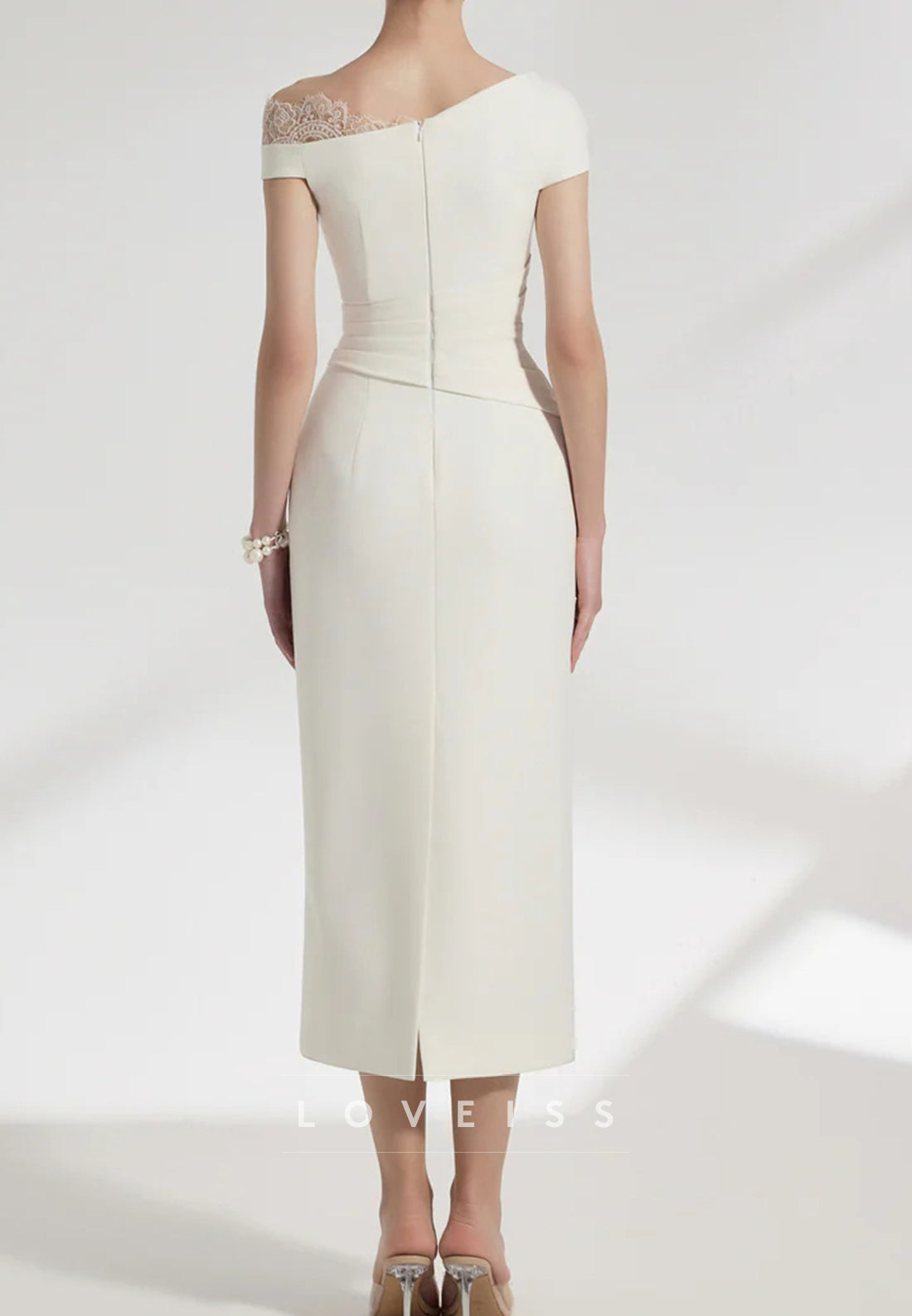 Asymmetrical Cap Sleeves Sheath Midi Wedding Dress