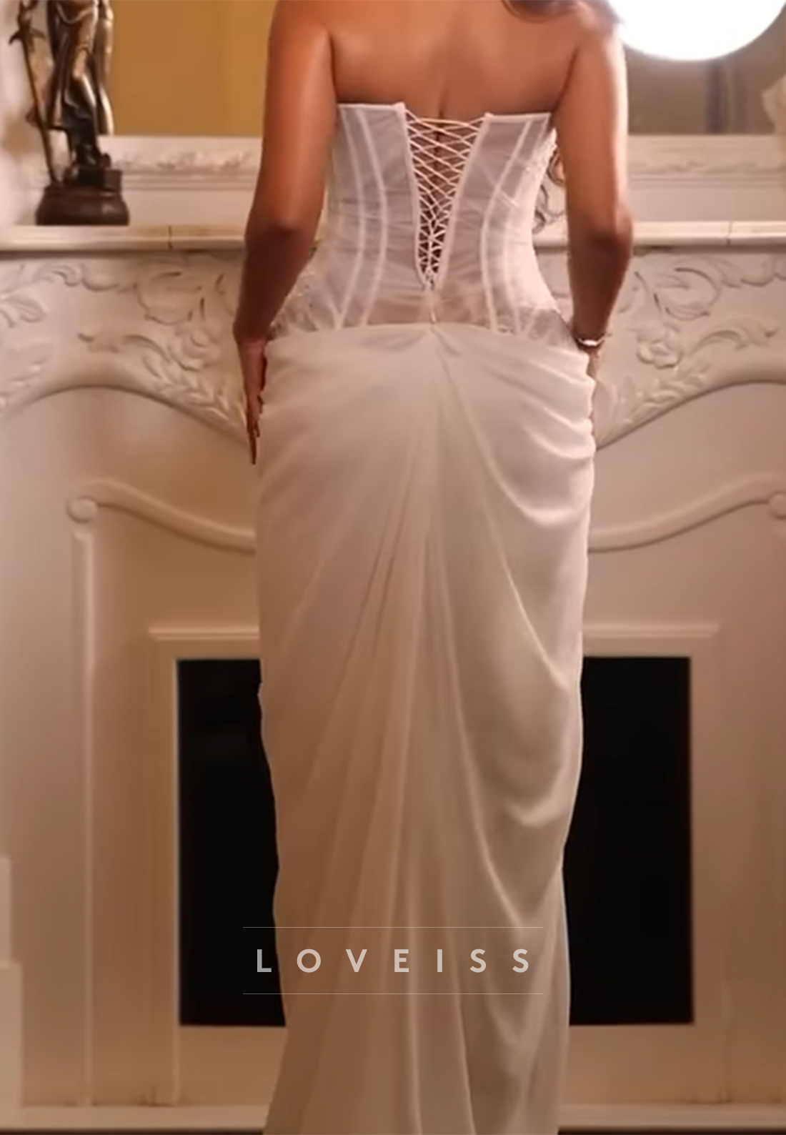 Asymmetrical Corset Lace Appliques Ruched Sheath Wedding Dress