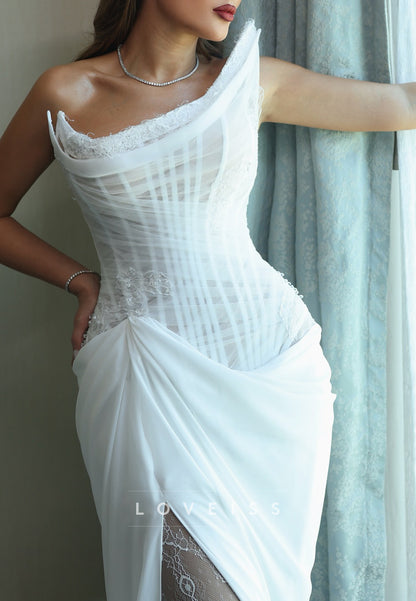 Asymmetrical Corset Lace Appliques Ruched Sheath Wedding Dress