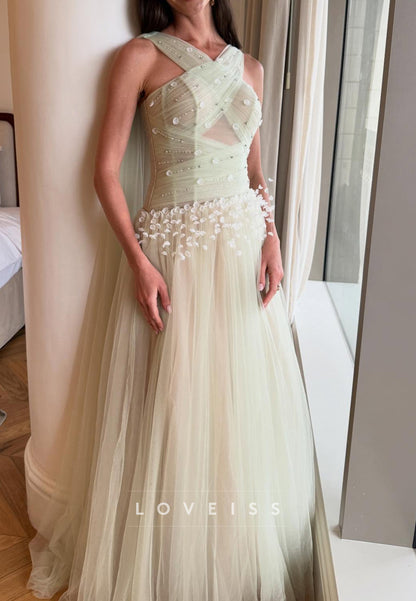 Asymmetrical Floral Embellished Tulle A-Line Prom Dress